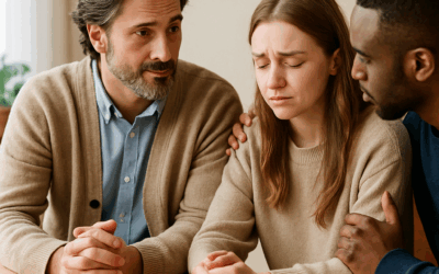 Interventionist bij verslaving: professionele hulpverlener in gesprek met familieleden in warme, veilige setting.