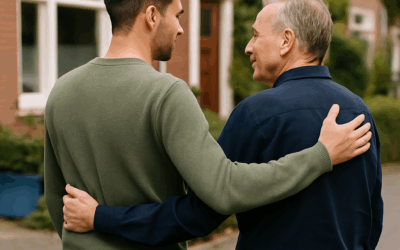 Twee volwassenen in een rustige buitenomgeving in gesprek tijdens een wandelmoment ials belang van nazorg bij verslaving.