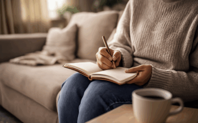 Persoon zit op bank en schrijft in dagboek, als symbool voor herstel en reflectie voor het aanpakken van een terugval van verslaving
