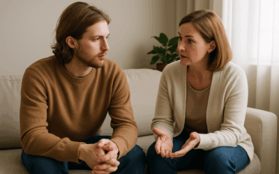 Twee mensen in rustig gesprek op een bank, als symbool voor openheid en het moment waarop hulp bespreekbaar wordt.