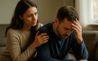 Vrouw legt steunend hand op schouder van bezorgde man, als teken van zorg en betrokkenheid bij verslaving.