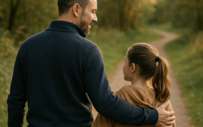 Man in herstel, die terugval wil voorkomen na verslaving, wandelt met familie in zonlicht als symbool voor steun en toekomst na verslaving