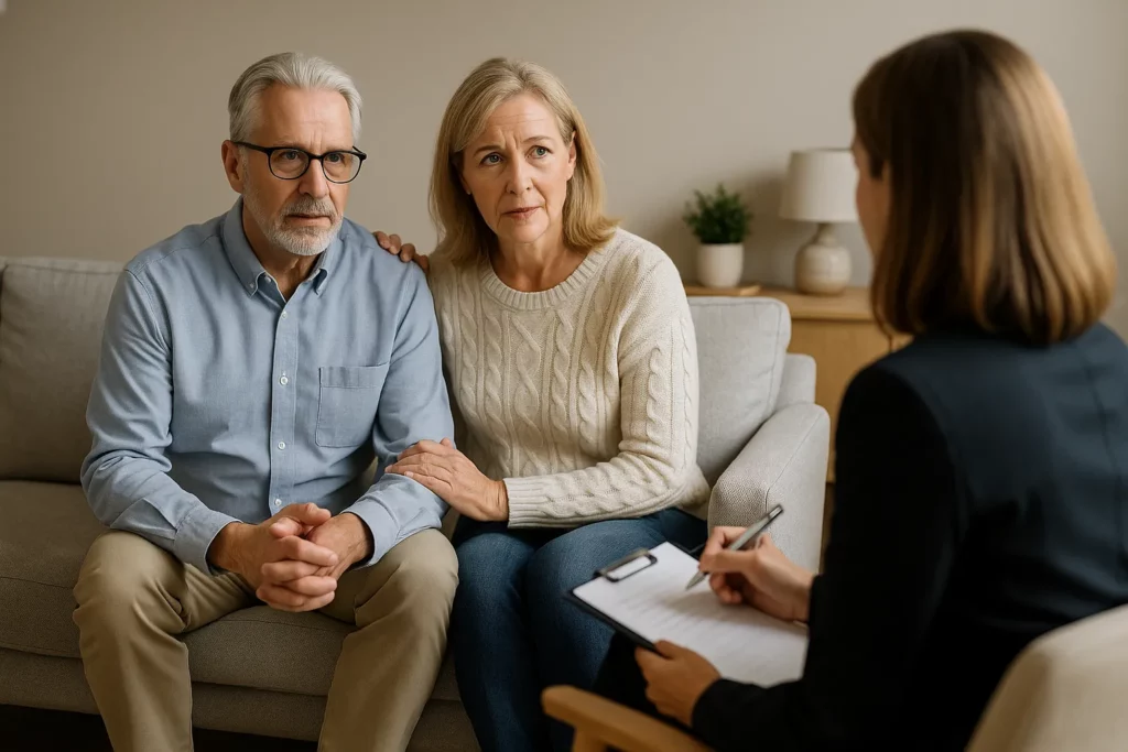 Twee familie in een warme huiskamer voor nazorg bij verslaving die samen in gesprek zijn over herstel na verslaving.