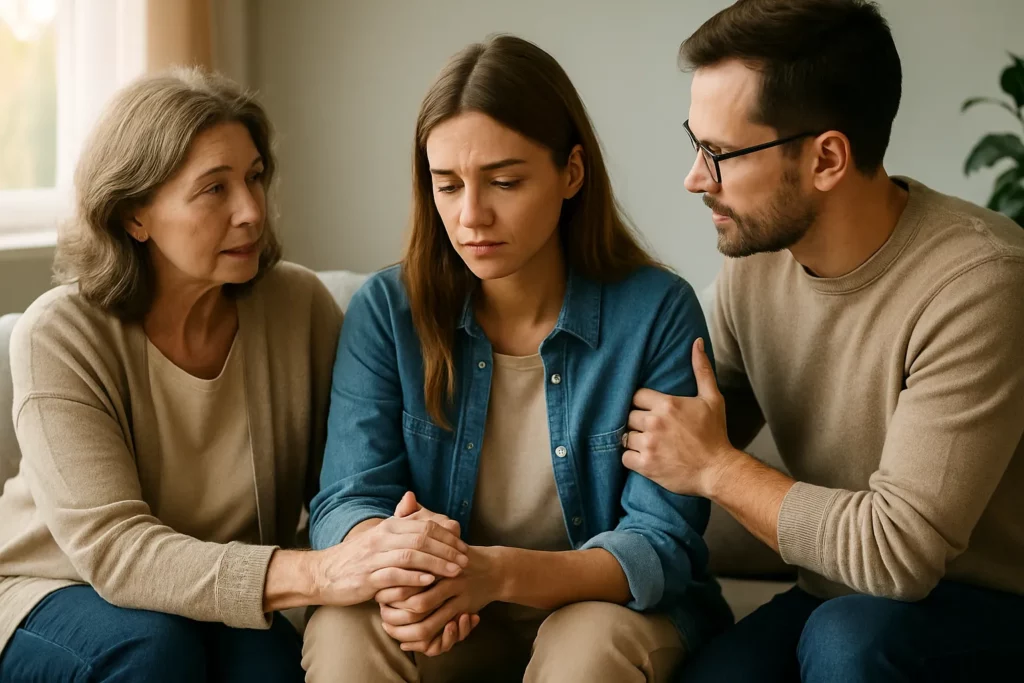 Interventie bij verslaving: familie steunt jonge vrouw tijdens een emotioneel gesprek, als symbool voor samen hulp zoeken en herstel.