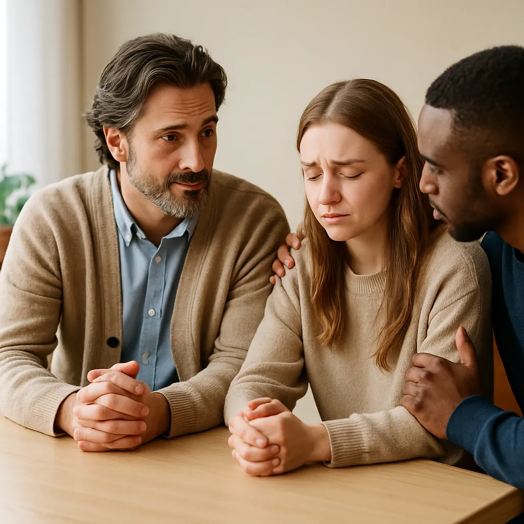 Interventionist bij verslaving: professionele hulpverlener in gesprek met familieleden in warme, veilige setting.