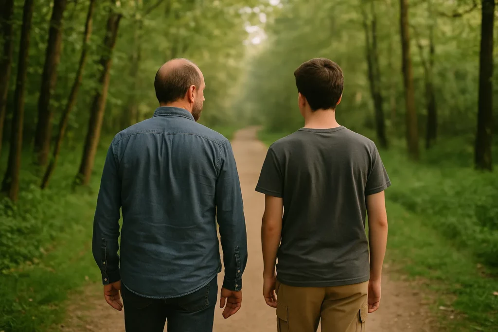 Twee mensen wandelen samen door een bos, symbool voor lange nazorg verslaving.