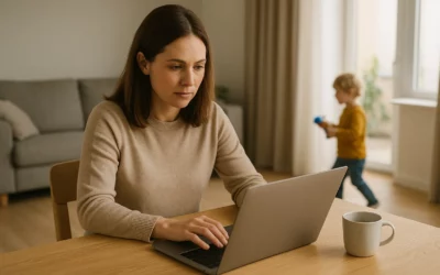 Moeder werkt op laptop aan ambulante verslavingszorg aan keukentafel terwijl kind op de achtergrond speelt combineren zorg met werk en gezin.