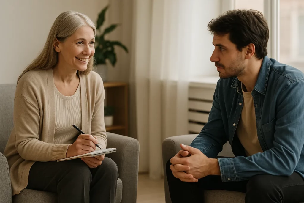 Cliënt in gesprek met counselor tijdens nazorg bij verslaving.