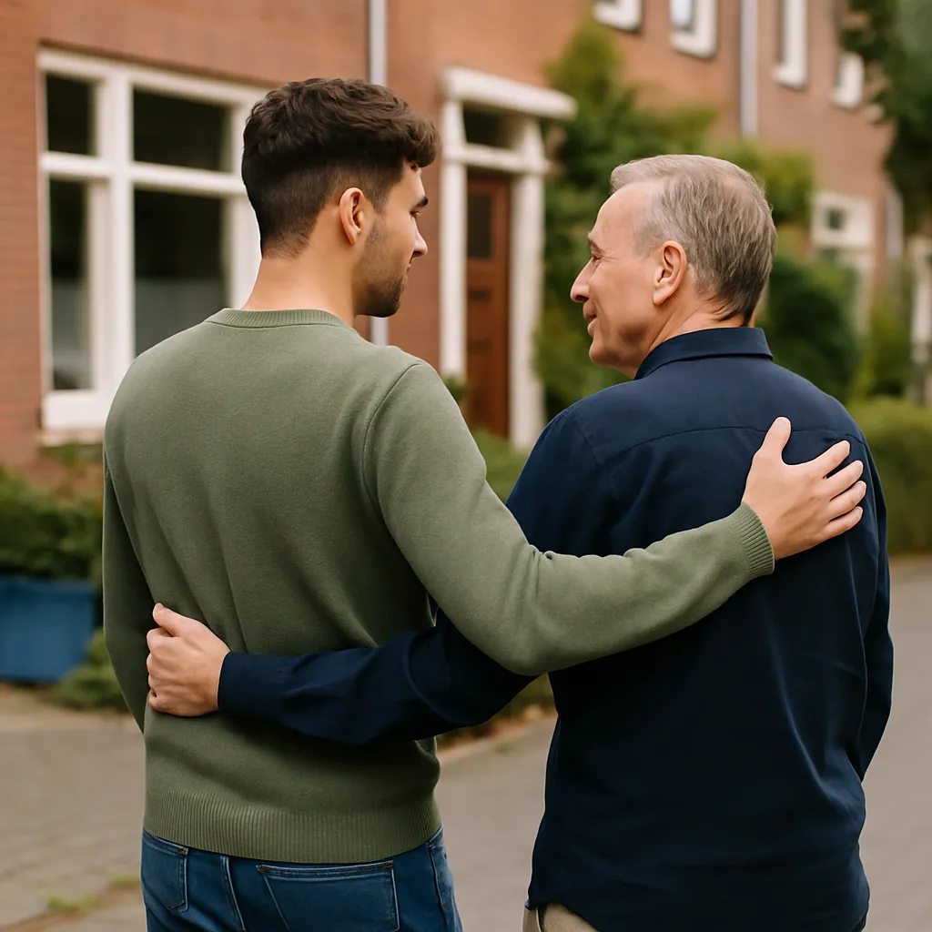 Twee volwassenen in een rustige buitenomgeving in gesprek tijdens een wandelmoment ials belang van nazorg bij verslaving.