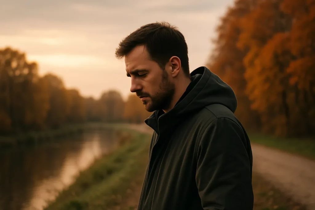 Volwassen man reflecteert tijdens herfstwandeling, symbool voor waarschuwingssignalen van terugval.
