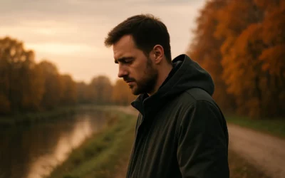 Volwassen man reflecteert tijdens herfstwandeling, symbool voor waarschuwingssignalen van terugval.
