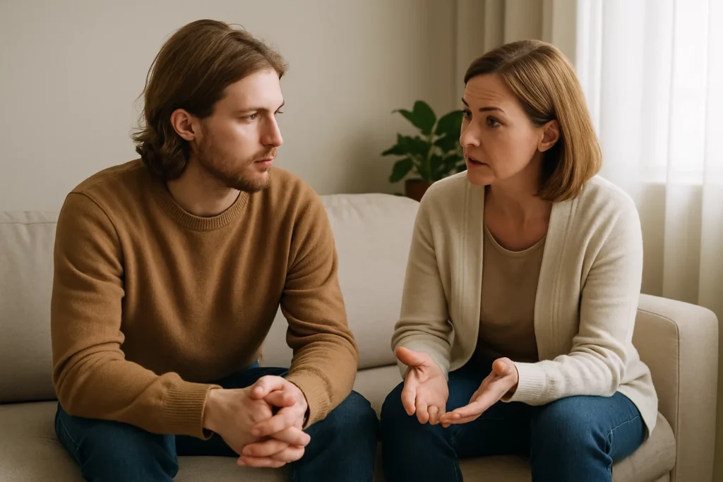 Twee mensen in rustig gesprek op een bank, als symbool voor openheid en het moment waarop hulp bespreekbaar wordt.