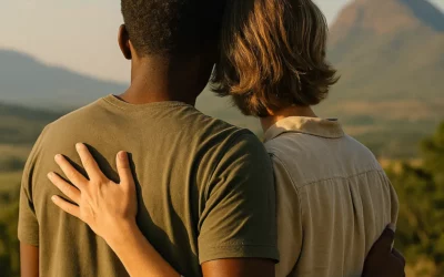 Twee mensen lopen innig omarmd door de Zuid-Afrikaanse natuur - symbool voor spiritueel herstel bij verslaving en verbondenheid vanuit Ubuntu.