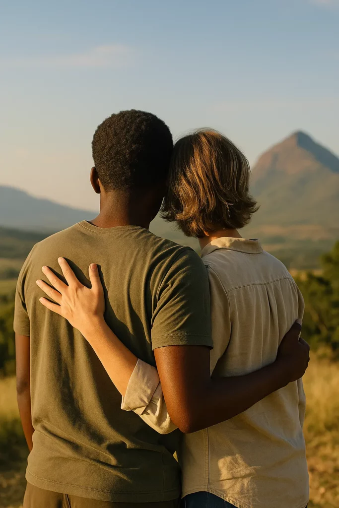 Twee mensen lopen innig omarmd door de Zuid-Afrikaanse natuur - symbool voor spiritueel herstel bij verslaving en verbondenheid vanuit Ubuntu.