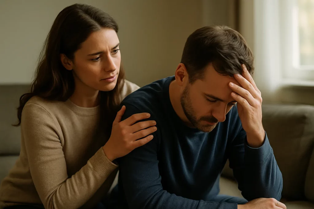 Vrouw legt steunend hand op schouder van bezorgde man, als teken van zorg en betrokkenheid bij verslaving.