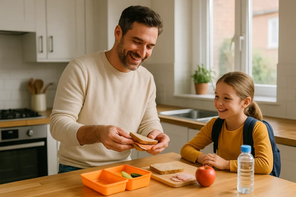 Vader maakt lunch voor zijn dochter in de keuken — beeld van herstel in dagelijkse omgeving
