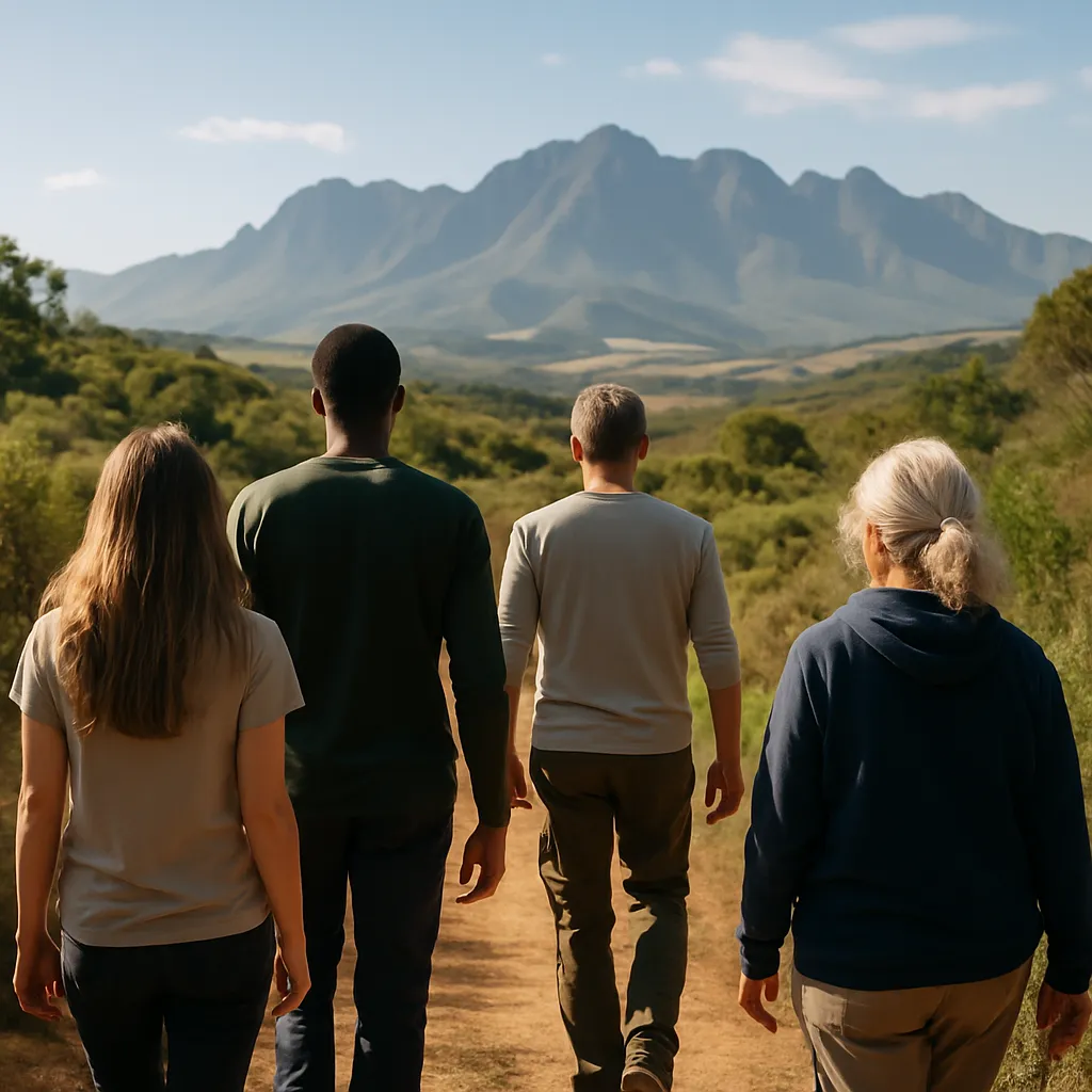 Groep mensen wandelt door de natuur van Zuid-Afrika als onderdeel van een behandeltraject verslaving - rust, verbondenheid en herstel zichtbaar in beeld.