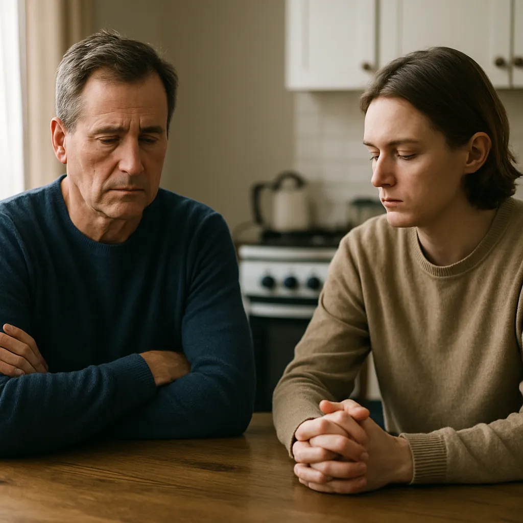 Twee familieleden zitten zwijgend aan de keukentafel, zichtbaar gespannen — een herkenbare situatie bij twijfel over een interventie bij verslaving.