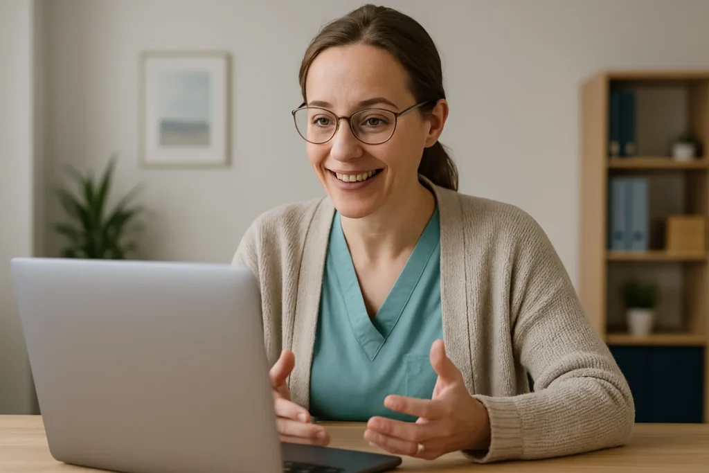Zorgprofessional voert online gesprek via laptop, vriendelijk en betrokken, een illustratie van persoonlijke online verslavingszorg.