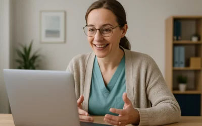 Zorgprofessional voert online gesprek via laptop, vriendelijk en betrokken, een illustratie van persoonlijke online verslavingszorg.